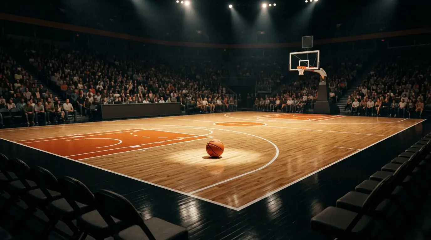 Ausverkaufte NBA-Arena vor Tipoff mit beleuchtetem Parkett