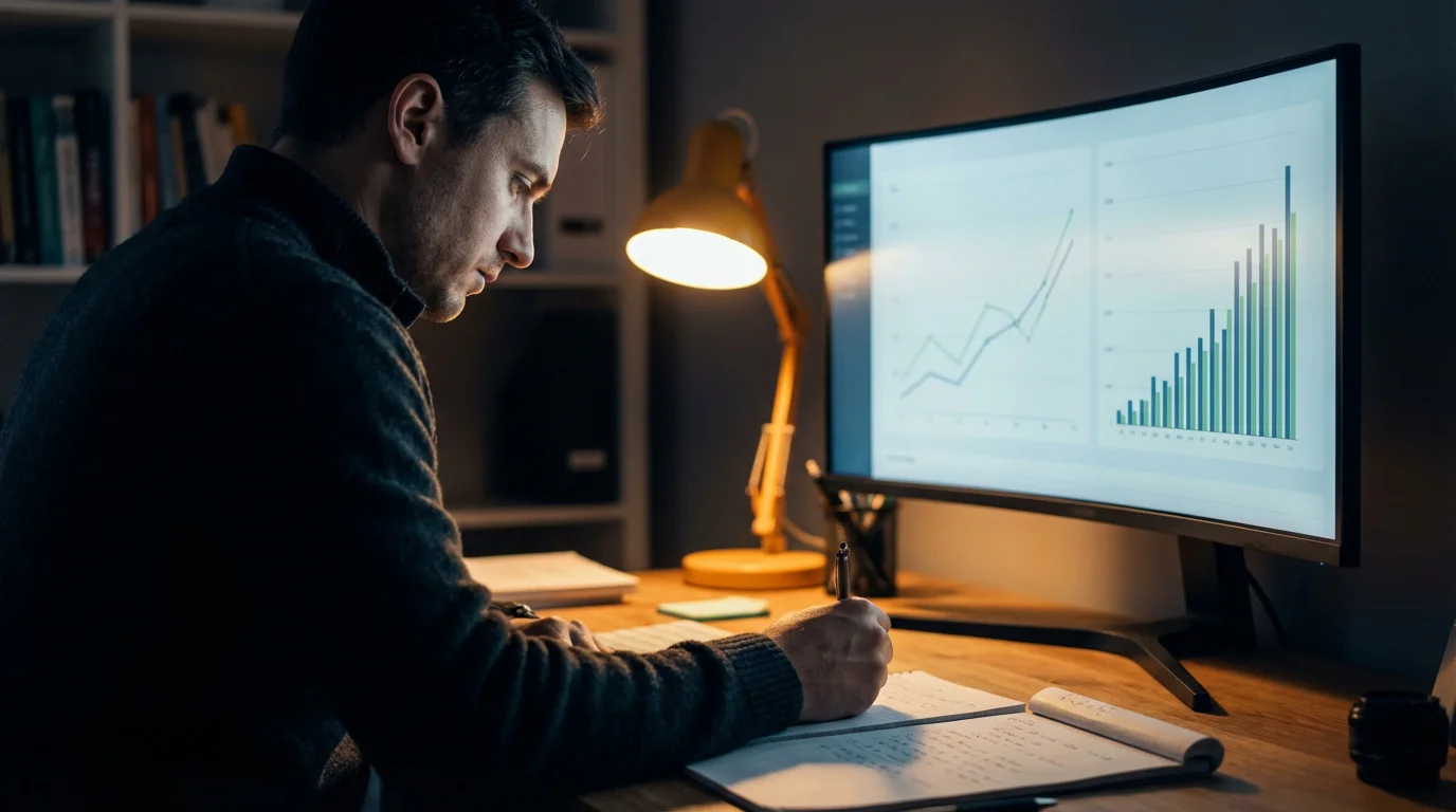 Analyst studiert Marktdaten des deutschen Sportwettenmarkts am Monitor