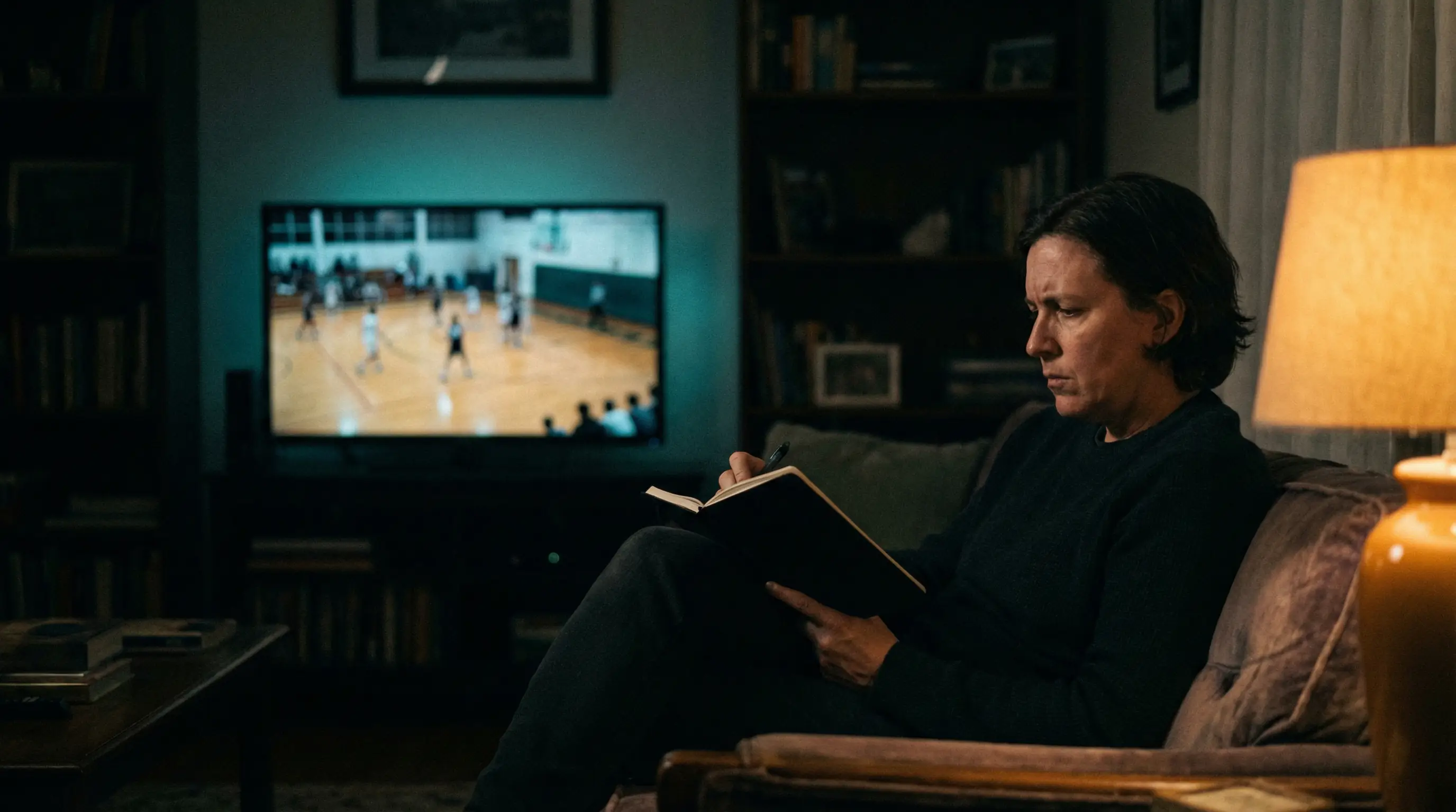 Zuschauer verfolgt ein Basketballspiel konzentriert auf einem Tablet in abgedunkeltem Raum
